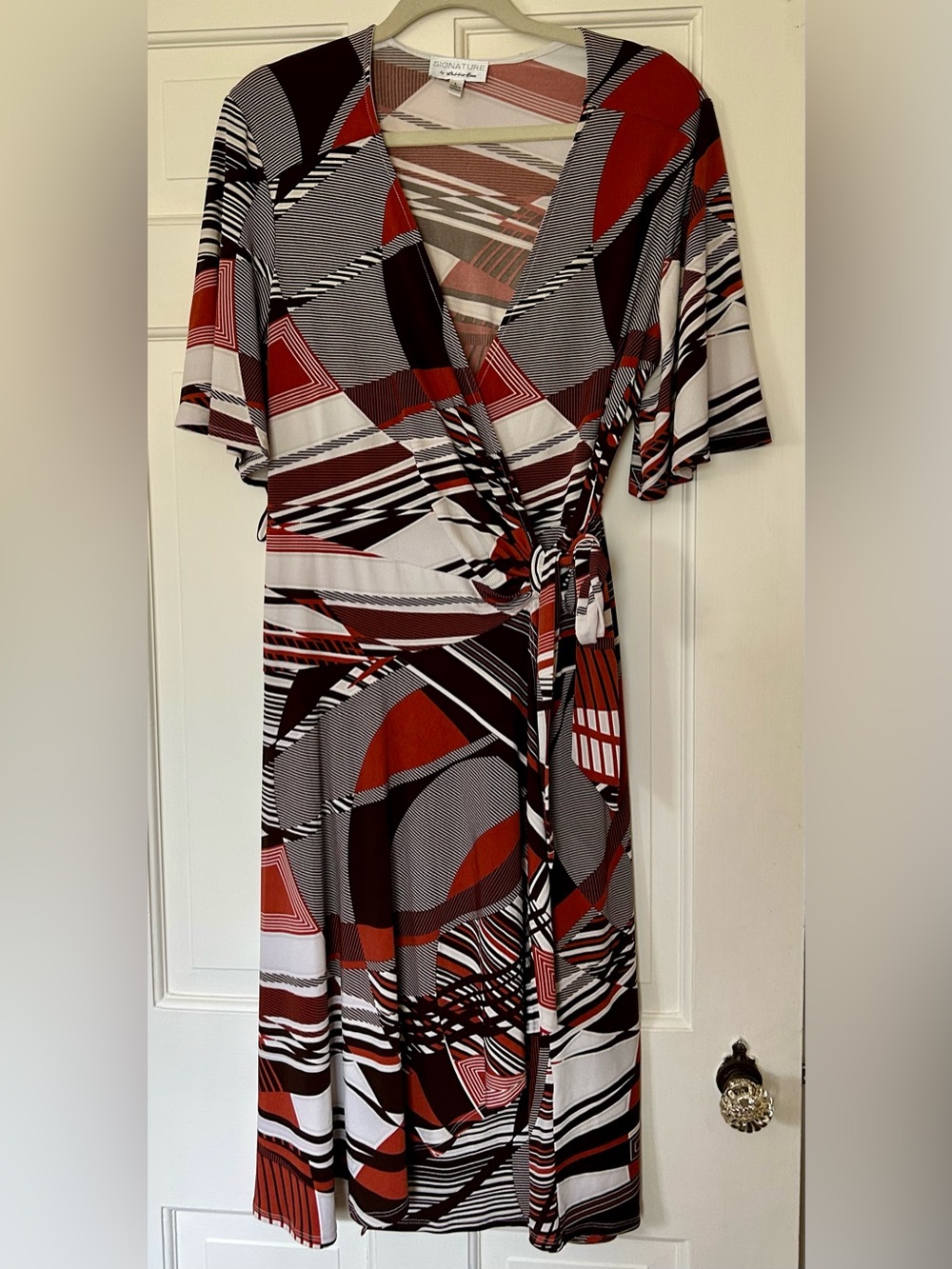 Vtg L Signature Bobbie Bee Brown Black & White Geometric Faux Wrap Midi Dress